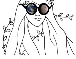 Illustration of a girl with planets in her lenses.